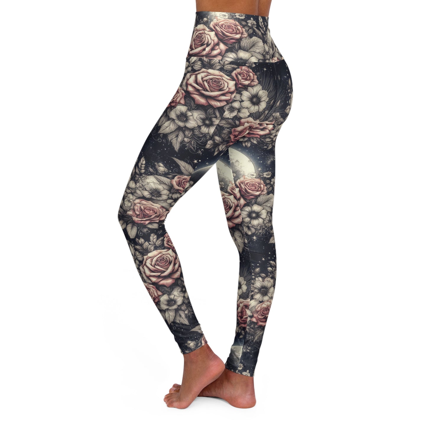 Vintage Rose and Full Moon Celestial Leggings for Everyday or Active Wear, XS-2XL