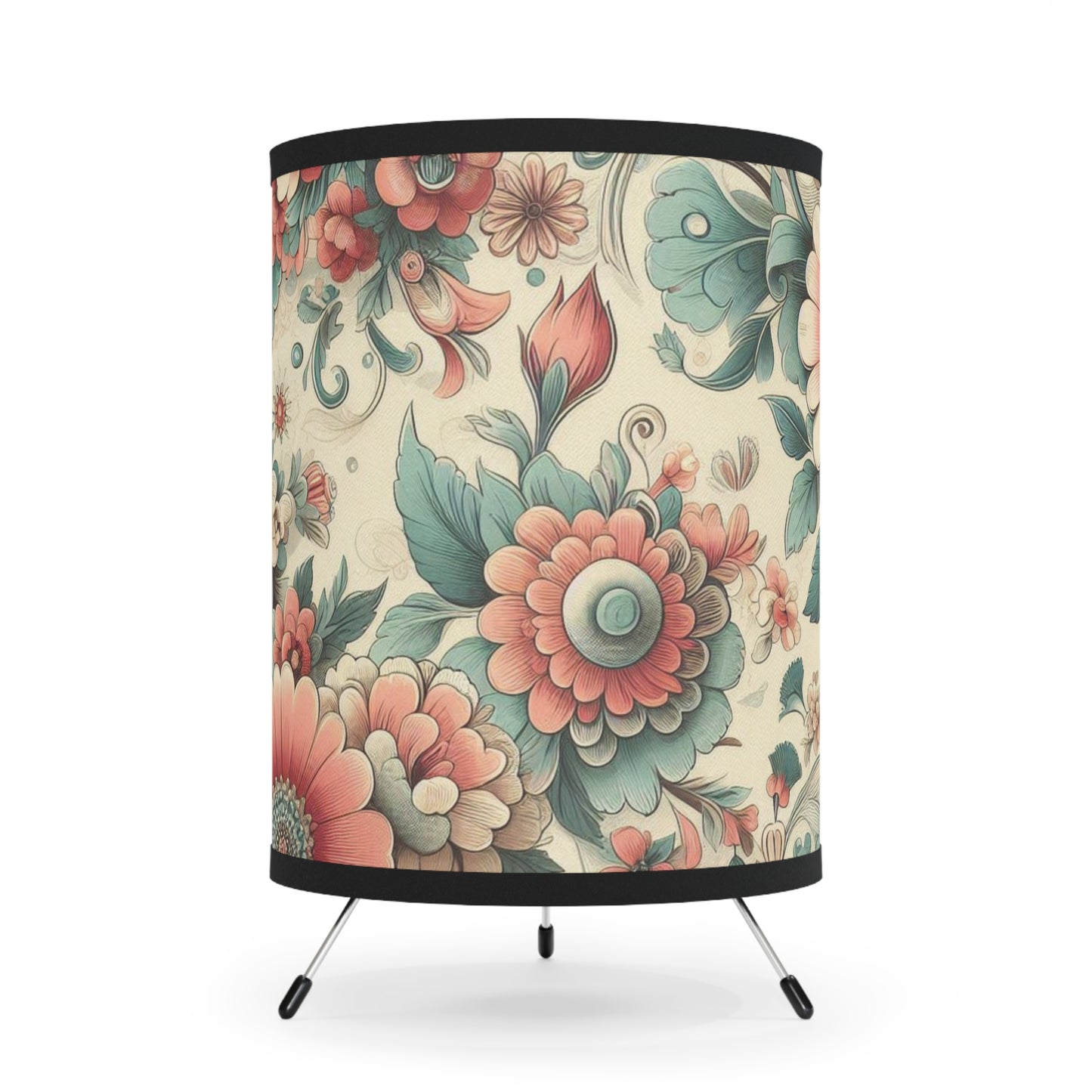 Grandma Chic Tripod Lamp with Retro Floral Design - Teal & Deep Peach Hues - Vintage-Inspired Accent Lighting for Cozy Living Spaces