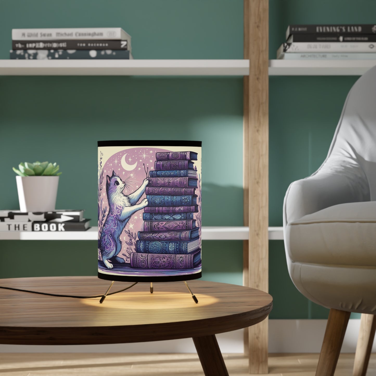 Tripod Table Lamp - Whimsical Book Loving Cat