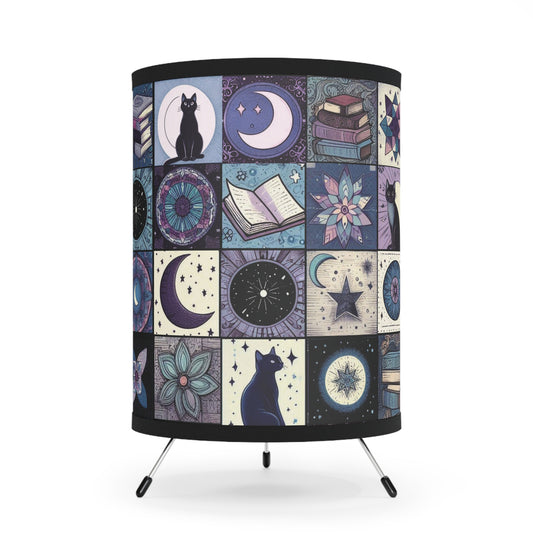 Tripod Table Lamp - Patchwork Cats, Books, & Moons