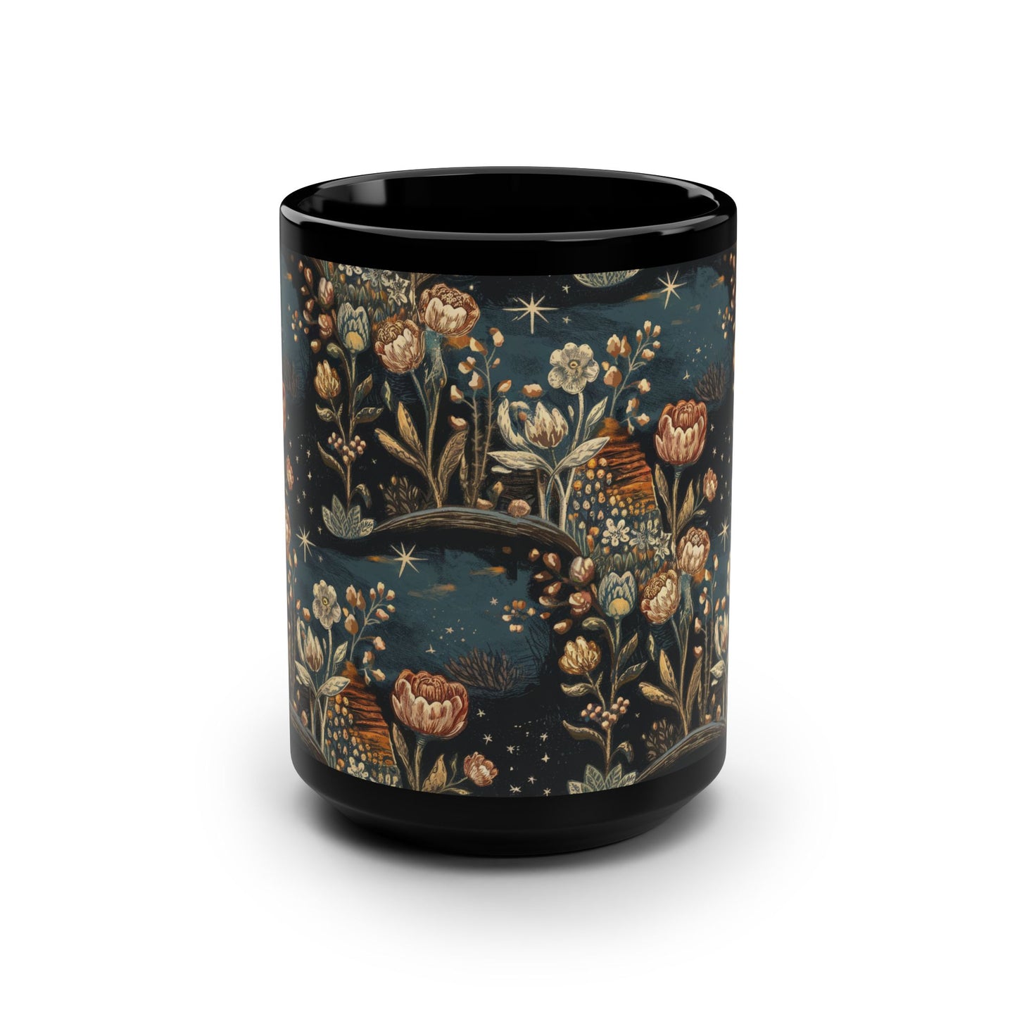 Floral Night Sky Mug, Cozy Coffee Cup, Gift for Nature Lovers, Boho Kitchen Decor, Tea Time Essential, 15oz Black Ceramic