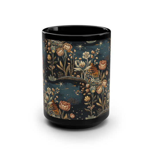 Floral Night Sky Mug, Cozy Coffee Cup, Gift for Nature Lovers, Boho Kitchen Decor, Tea Time Essential, 15oz Black Ceramic