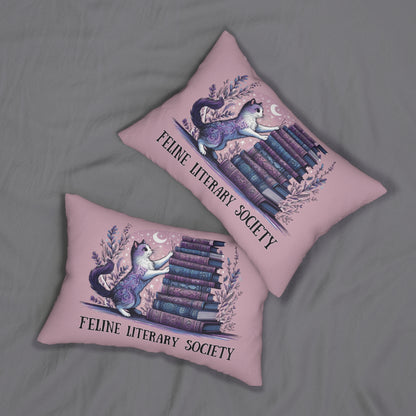 Lumbar Pillow - "Feline Literary Society" Whimsical Book Loving Cat