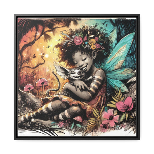 Whimsical Fairy Embracing Fantastical Critter Cottage Core Art, Gallery-Wrapped Canvas - Decor for Child's Room or Nursery