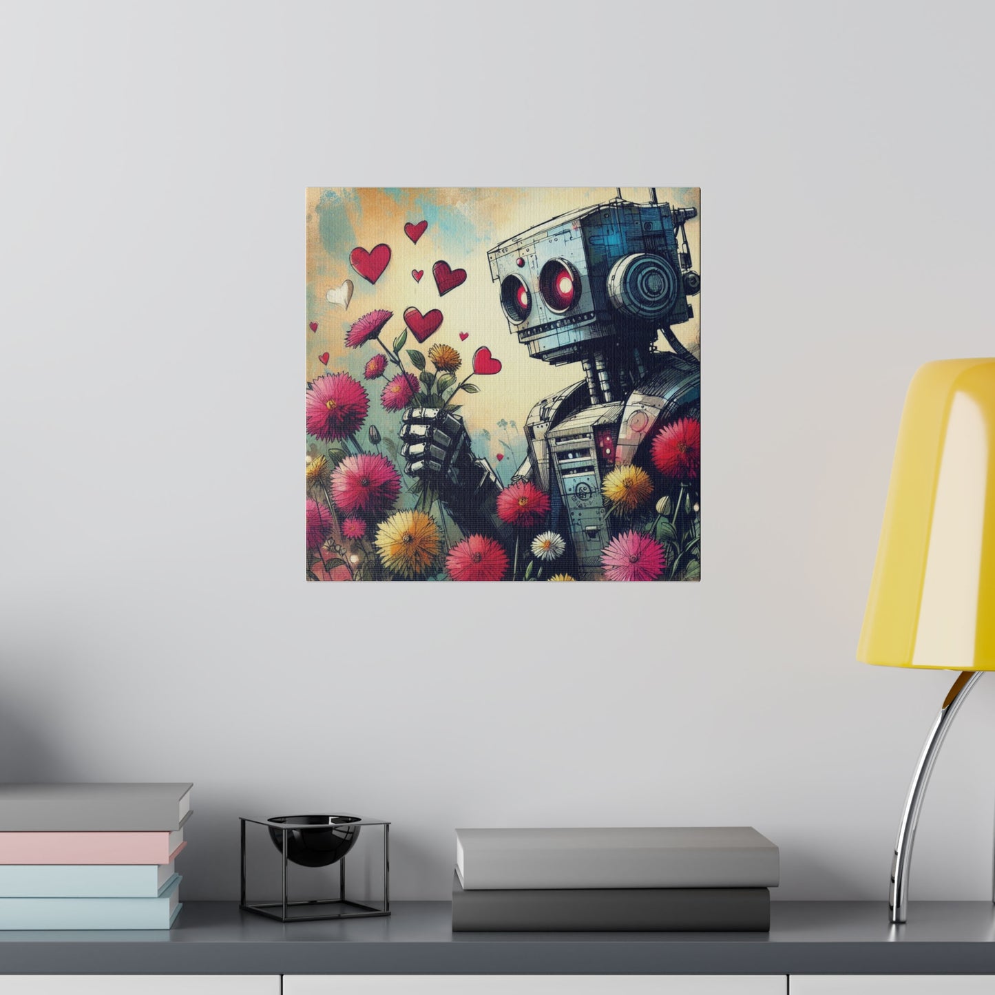 Canvas Print, Retro-Futuristic Robot in Wildflowers, Graphic Novel Style, Comic Book Art, Matte Stretched Vibrant Wall Art