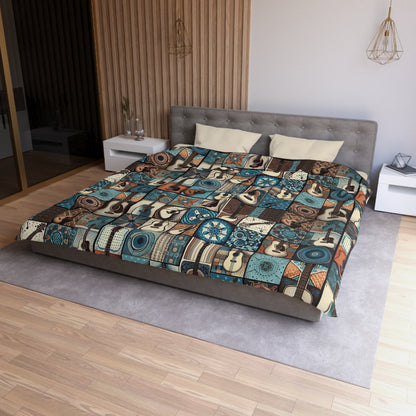 Duvet Cover - Acoustic Guitar Patchwork in Blue & Brown Hues