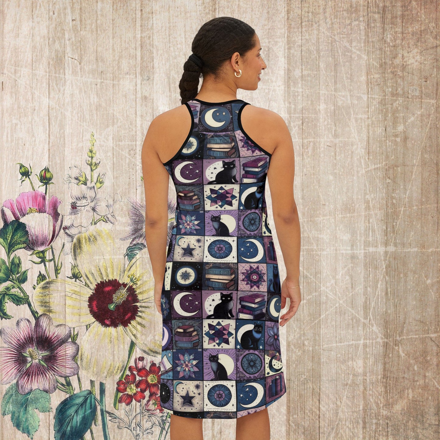 Racerback Dress - "Mystic Tails" Cats, Books & Moons Patchwork