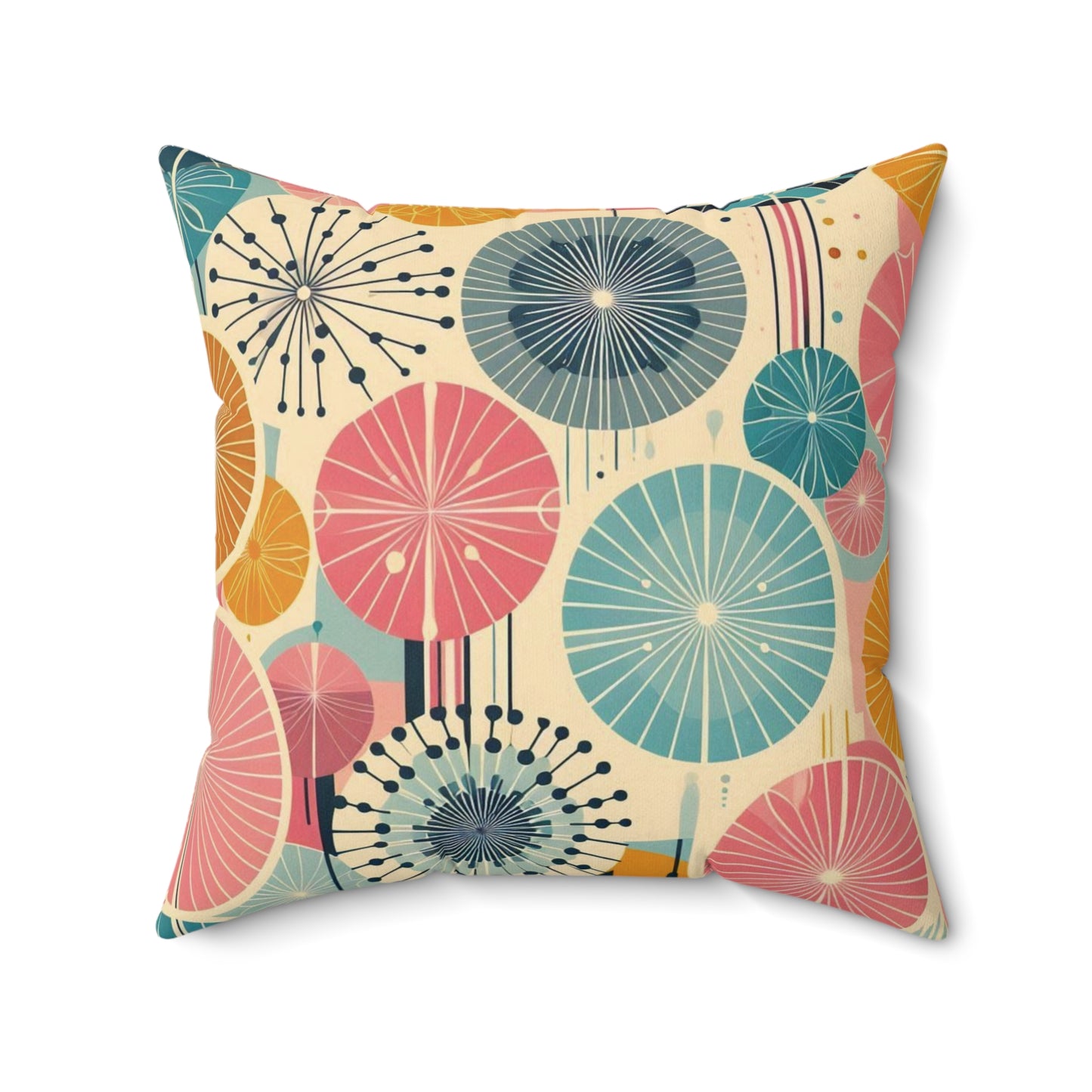 Retro 50s Dandelion Pattern Faux Suede Throw Pillow - Pink, Teal, & Navy - Soft Square Pillow for Kids Room, Living Room, Office