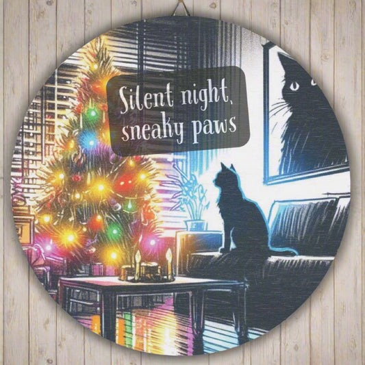 "Silent Night, Sneaky Paws" Christmas Cat Wooden Sign - Holiday Decor with Cat and Christmas Tree Illustration - Vibrant Wooden Wall Art