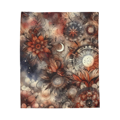 Velveteen Plush Autumn Blanket - Boho Celestial Floral Mandala