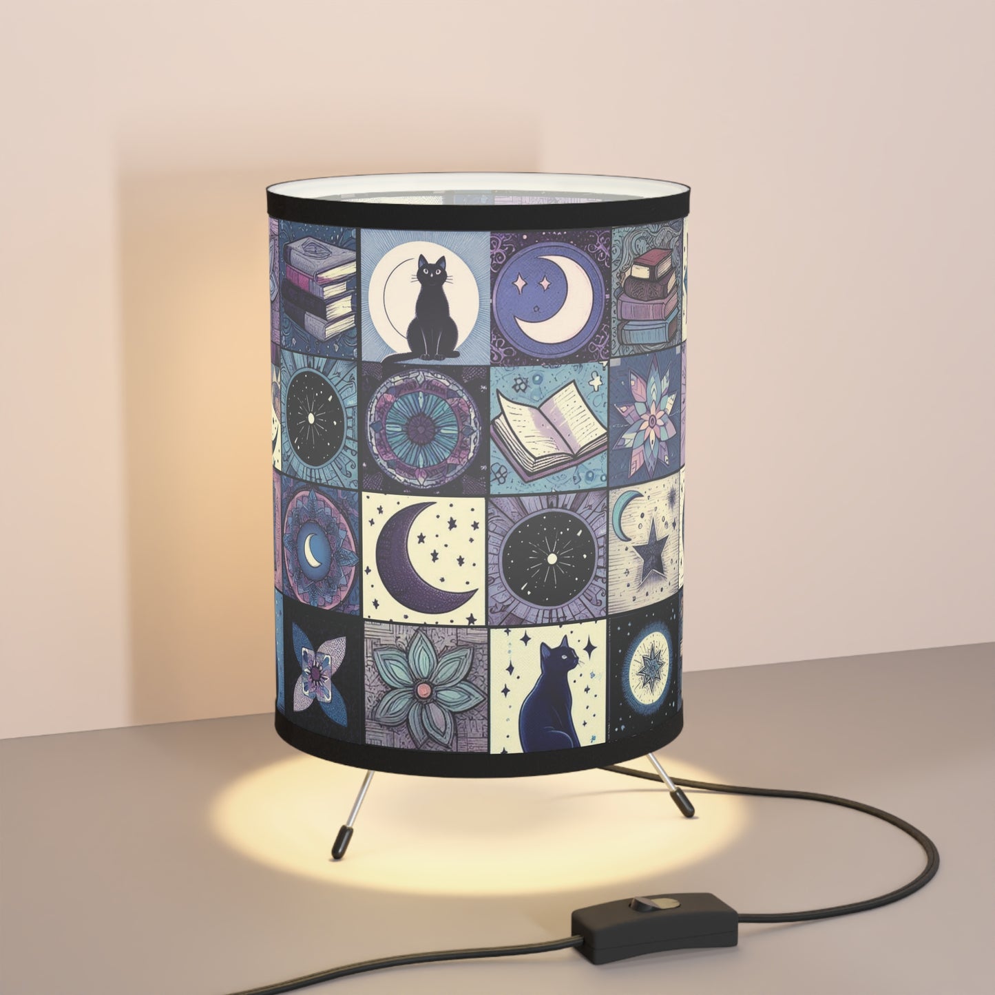 Tripod Table Lamp - Patchwork Cats, Books, & Moons