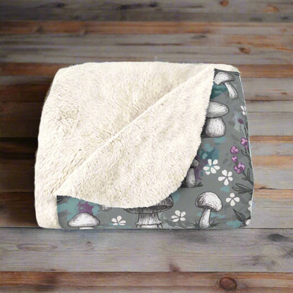 Sherpa Fleece Blanket -  Woodland Mushrooms & Purple Florals, Enchanted Cozy Cottagecore Vibes