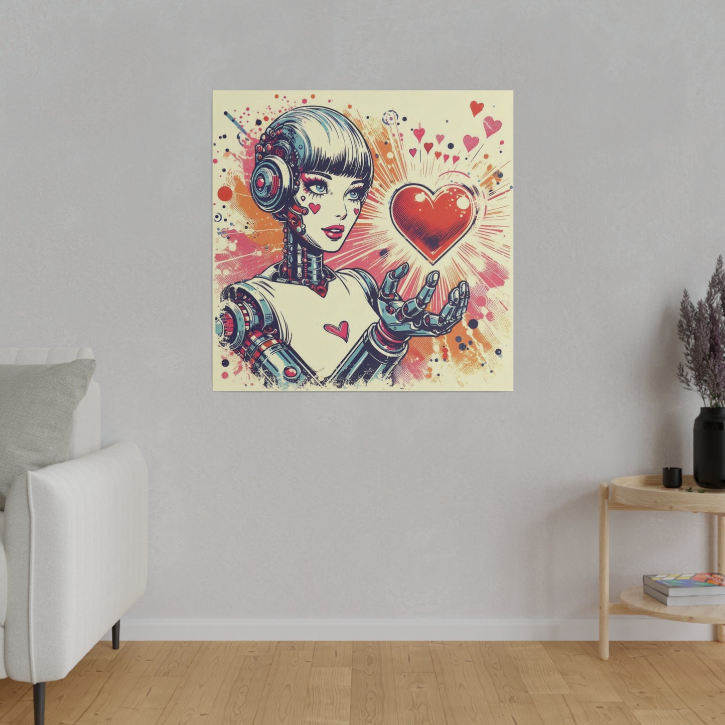 Canvas Print - Retro Futuristic Robot Heart Illustration, Sci-Fi Nostalgia Decor, Vibrant Graphic Novel Style Wall Art, Alternative Artwork