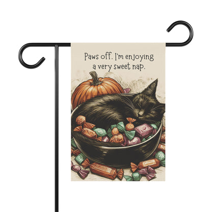 Halloween Yard Flag - Black Cat Napping in Candy Bowl - Outdoor Garden Flag - Cute Halloween Decor for Yard, Garden, or Porch