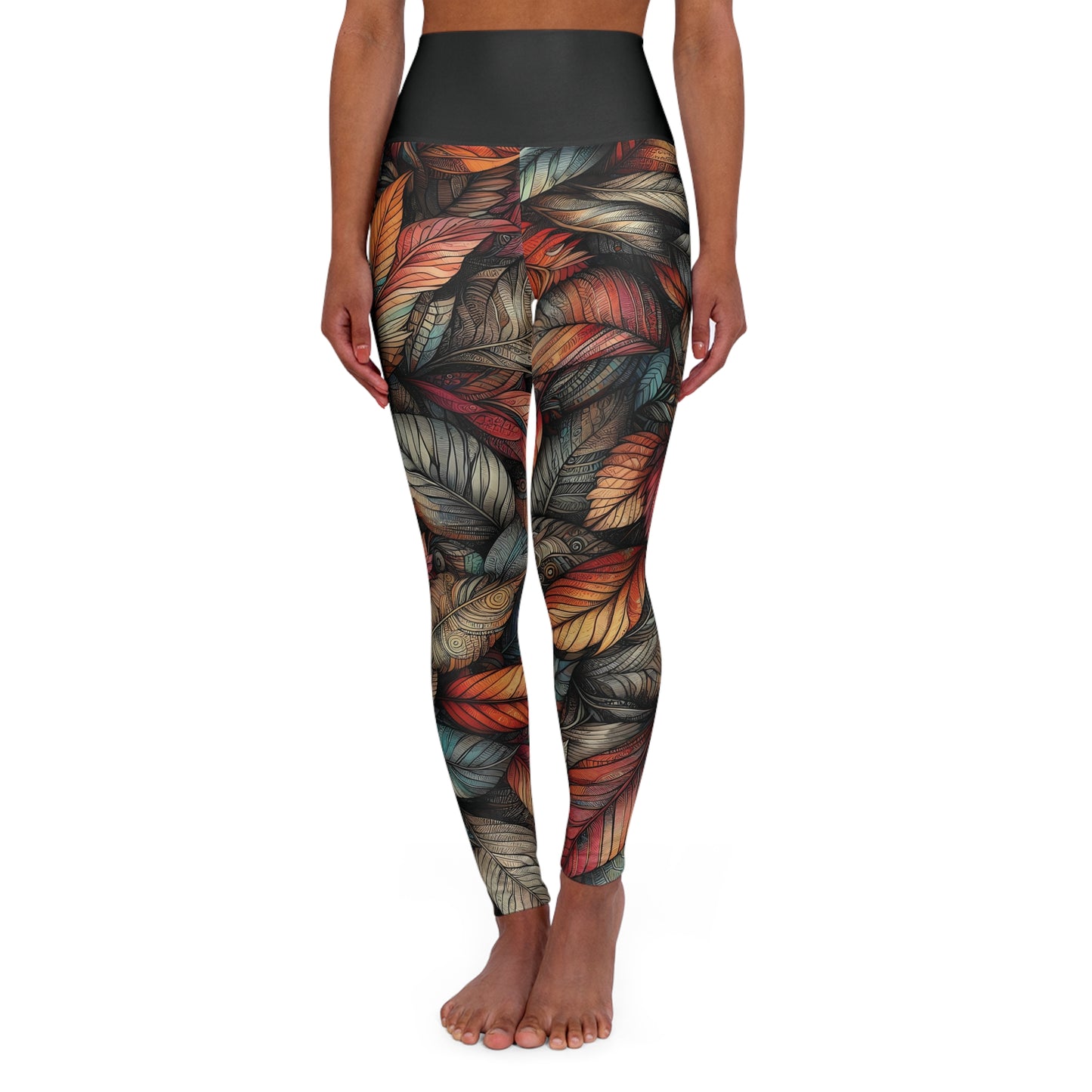 High Waisted Fall Yoga Leggings - Sketched Vibrant Leaves, XS-2XL