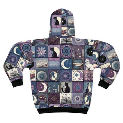 Cozy Cats, Books, & Moons Patchwork Zip Hoodie - Fleece Jacket for Book Lovers, Cat Lovers, & Librarians