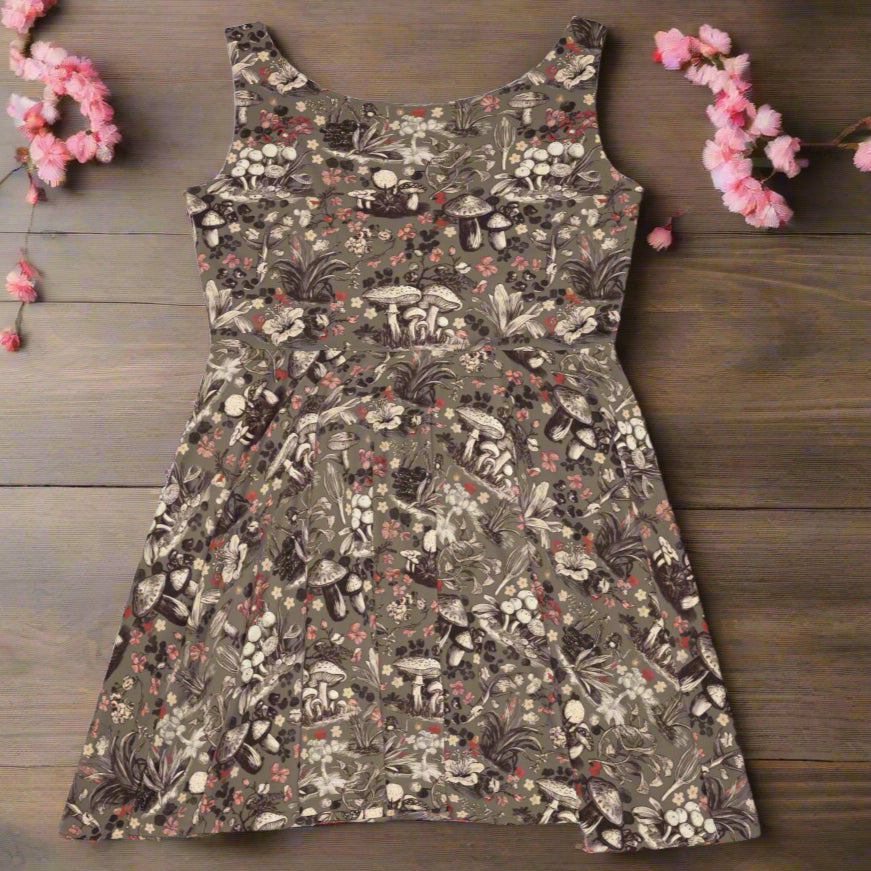 Skater Dress - Boho Floral Earthy and Enchanted Cherry Blossoms & Mushrooms