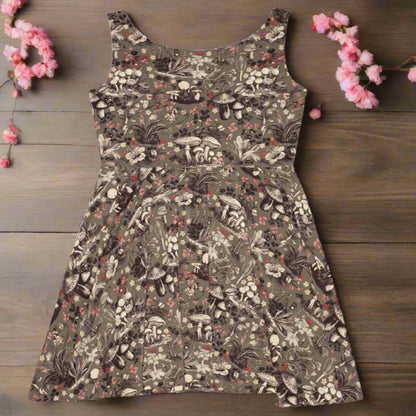 Skater Dress - Boho Floral Earthy and Enchanted Cherry Blossoms & Mushrooms