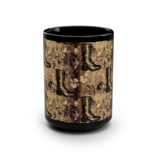 Vintage Floral Boots Mug, 15oz Coffee Cup, Rustic Decor, Gift for Nature Lovers, Independent Art, Unique Kitchenware