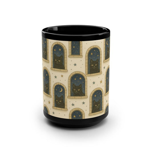 Whimsical Cat-Themed Mug | 15oz Black Ceramic Coffee Cup, Cat Lover Gift, Unique Kitchenware, Cozy Home Decor, Halloween Drinkware