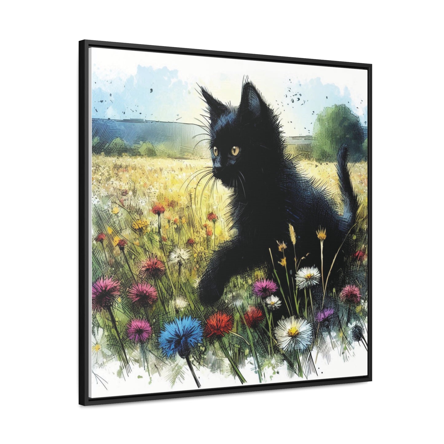 Black Cat Playing in Meadow Gallery-Wrapped Canvas - Cat Lover Gift, Decor for Child's Room or Nursery, Storybook Style Art