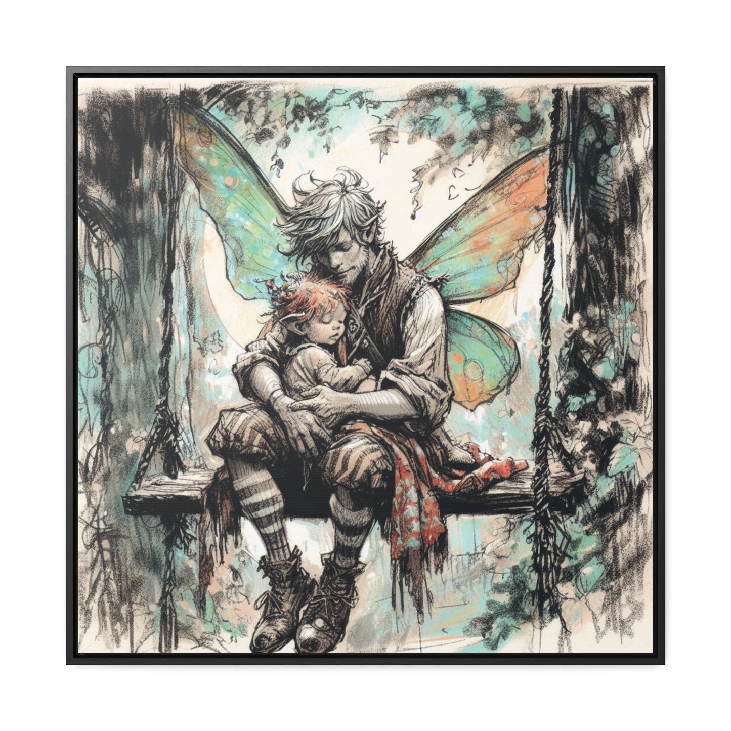 Daddy and Baby Fairy on Swing Gallery Wrapped Canvas Print - Sweet Fatherly Bond Wall Art for Nurseries or Child's Bedroom