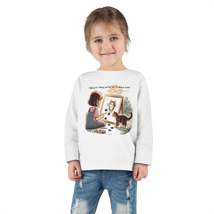 Toddler Long Sleeve Tee - Whimsical Cat Portrait Shirt for Kids, Playful Artistic Unisex Top, Soft