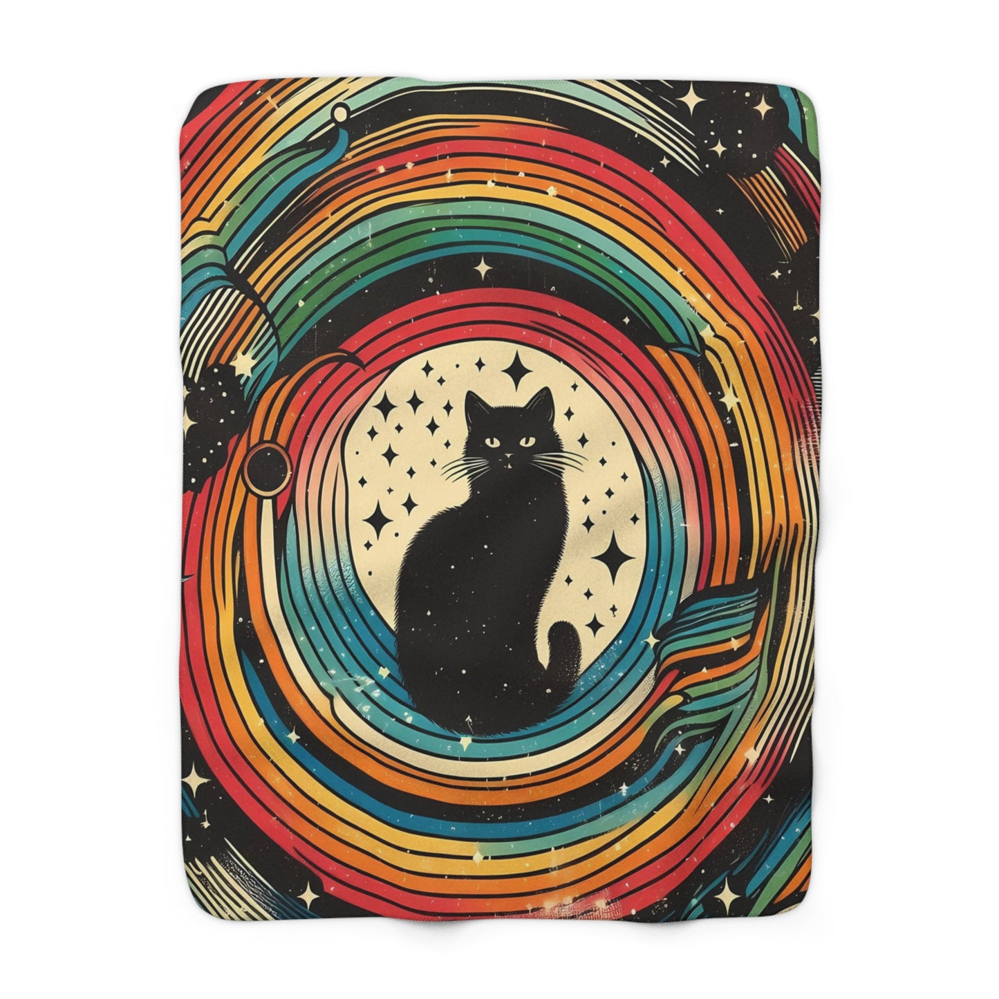 Black Kitty Retro Rainbow Swirl Blanket, Sherpa Fleece - Cozy Soft Warmth with Bold Vintage Inspired Cat Design - Great for Couch or Bedding