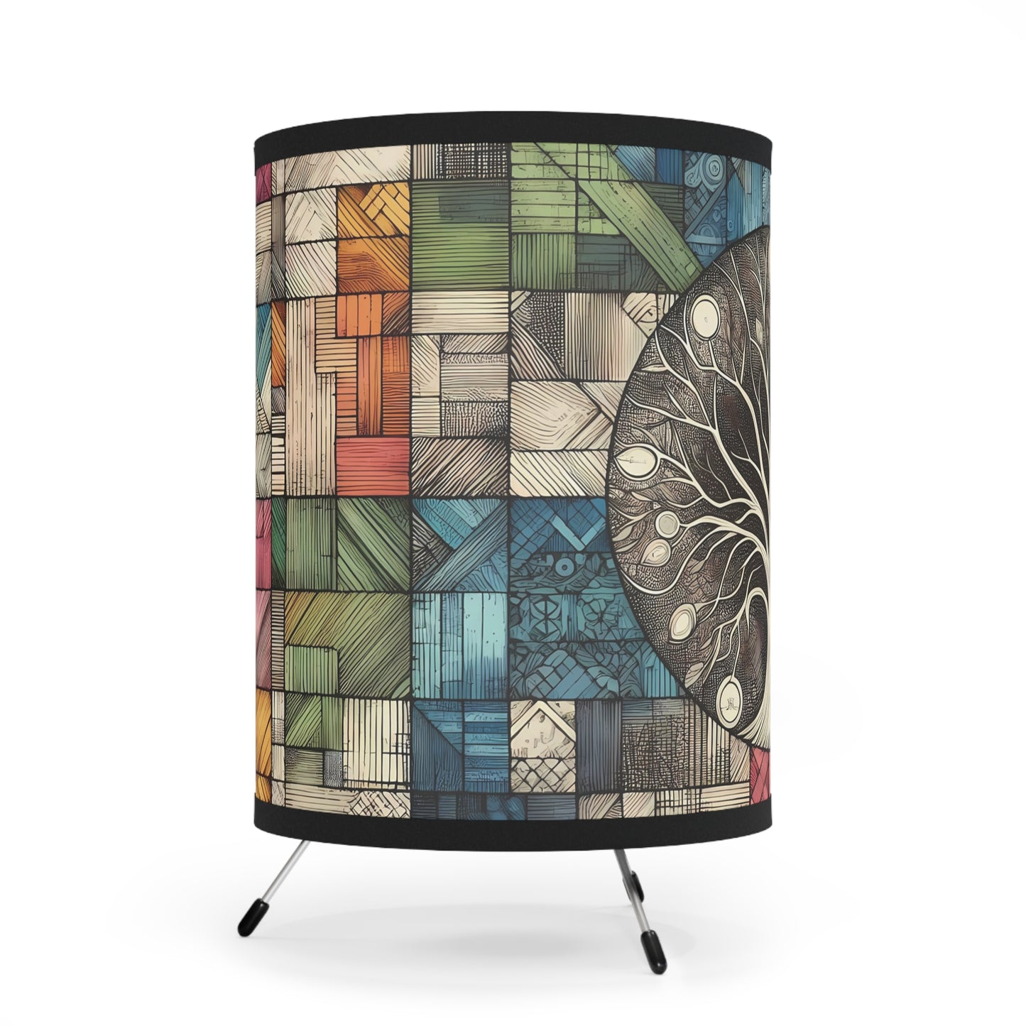 Tree of Life Patchwork Tripod Lamp - Soft Light Table or Desk Lamp with Sketched Tree Surrounded by Rainbow Colors