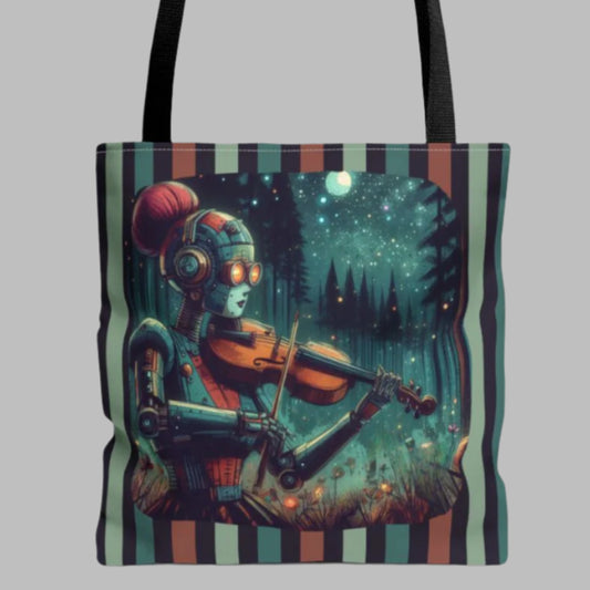 Tote Bag - Retro-Futuristic Robot Playing Violin in the Forest Night