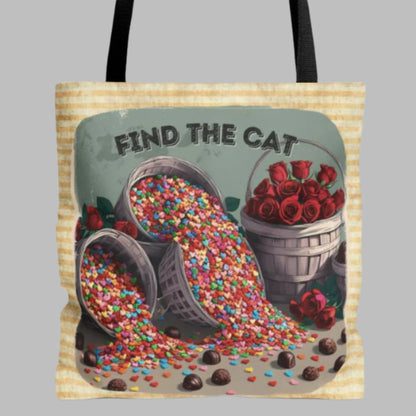 Tote Bag - Hidden Cat Puzzle, Fun "Find the Cat" Valentine's Bag with Roses & Candy