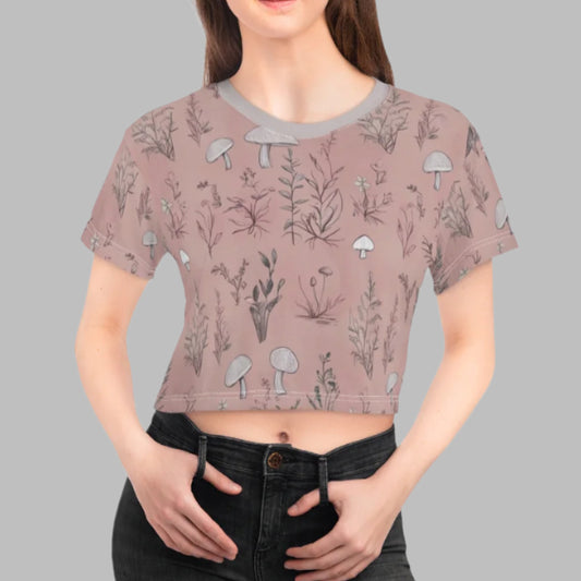 Crop Tee - Woodland Mushrooms and Plants on Muted Pink, Cozy Cottagecore Vibes