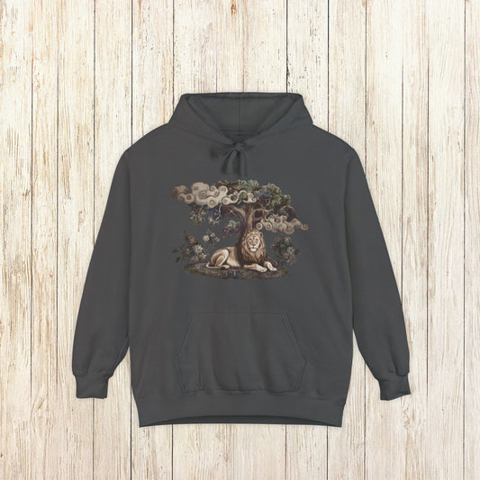 Mystical Lion Hoodie - Comfort Colors Celestial Tree of Life Sweatshirt - Lion Spirit Animal Gift - Bohemian Animal Art Hoodie