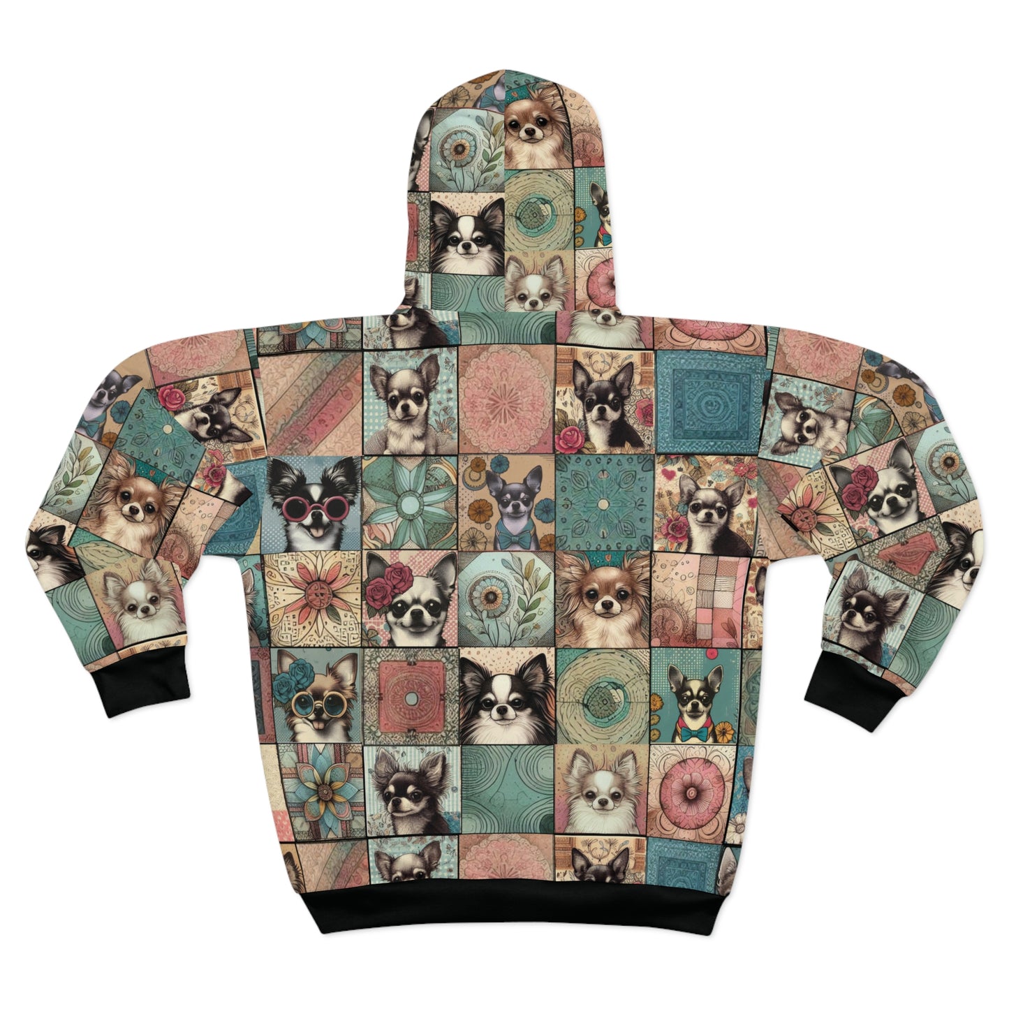 Retro Boho Chihuahua Patchwork Zip Hoodie – Cozy Fleece Jacket for Dog Lovers