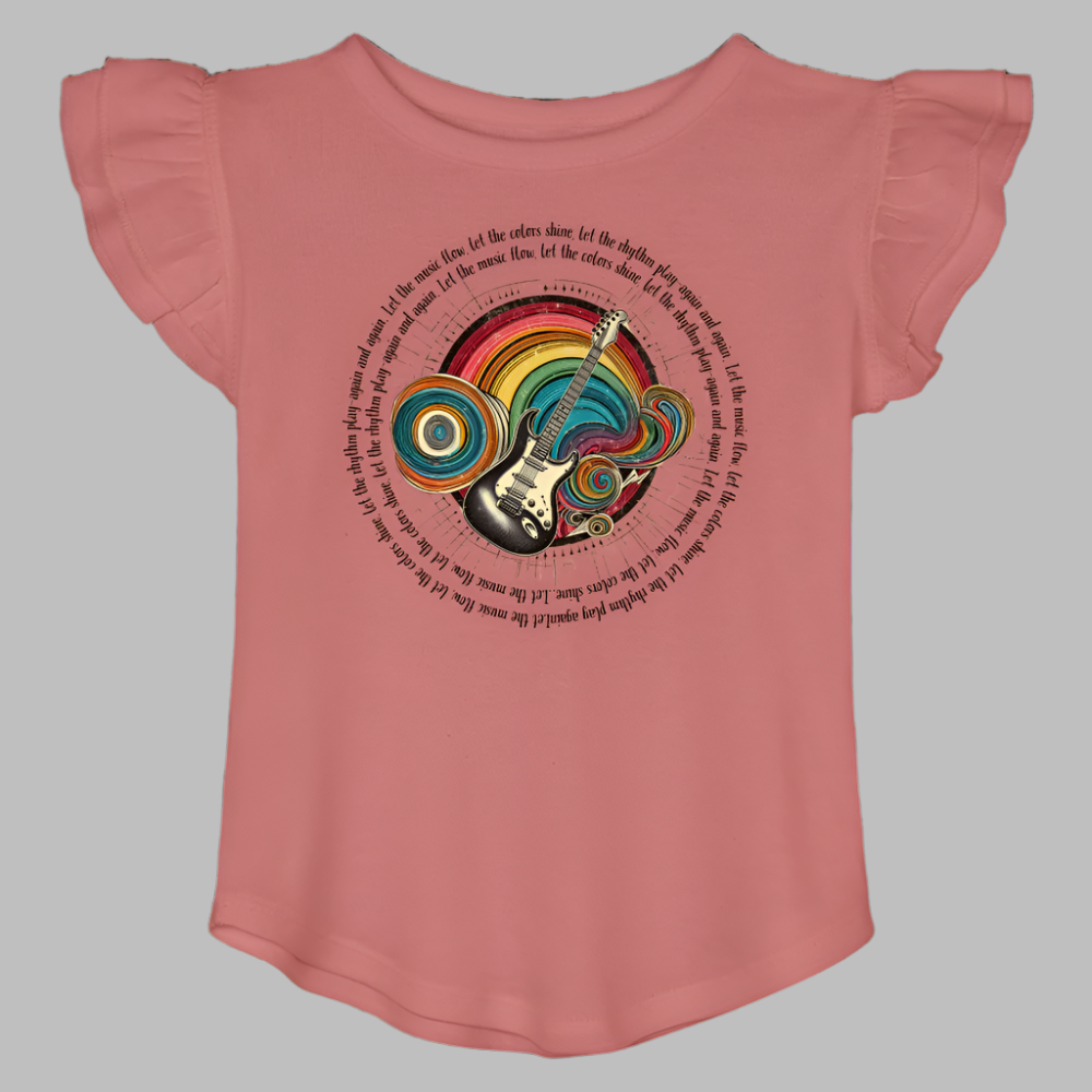 Toddler Girls Flutter T-shirt - Retro Rainbow Guitar Word Wrap - mauve