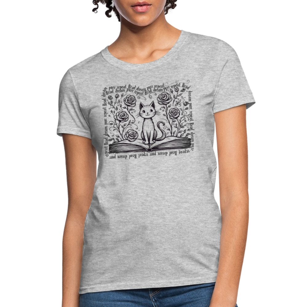 Women's Flowy Contoured T-Shirt - "Read, Dream, Purr, Repeat"  Cat Lover Shirt, Bookish Tee, Cozy Gift for Readers - heather gray