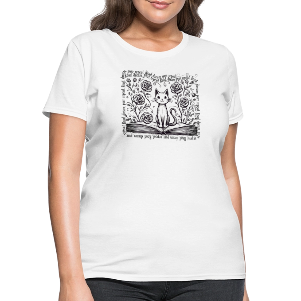 Women's Flowy Contoured T-Shirt - "Read, Dream, Purr, Repeat"  Cat Lover Shirt, Bookish Tee, Cozy Gift for Readers - white