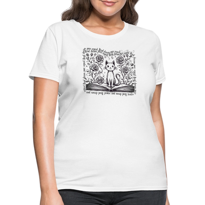 Women's Flowy Contoured T-Shirt - "Read, Dream, Purr, Repeat"  Cat Lover Shirt, Bookish Tee, Cozy Gift for Readers - white