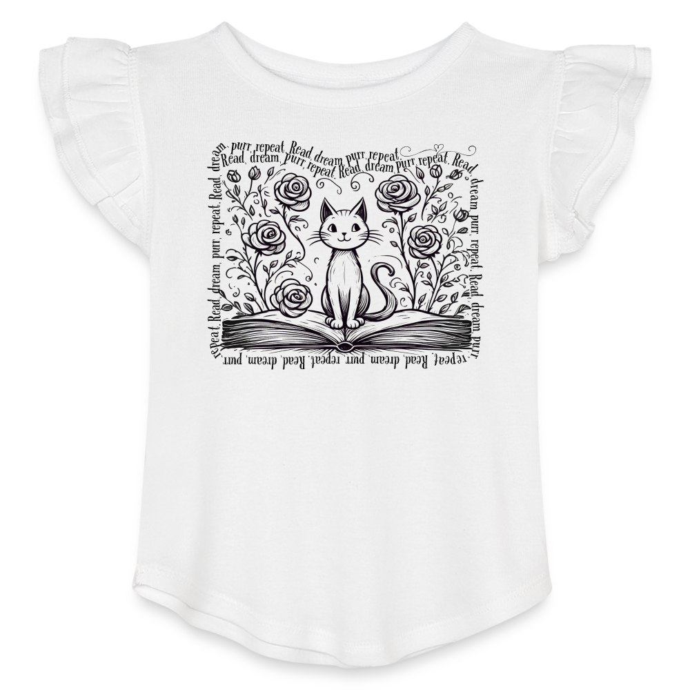 Whiskers & Words Toddler Flutter Tee - Kitten & Roses Book Lover Shirt - white