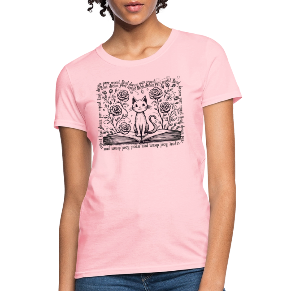 Women's Flowy Contoured T-Shirt - "Read, Dream, Purr, Repeat"  Cat Lover Shirt, Bookish Tee, Cozy Gift for Readers - pink