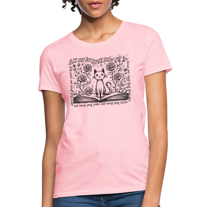 Women's Flowy Contoured T-Shirt - "Read, Dream, Purr, Repeat"  Cat Lover Shirt, Bookish Tee, Cozy Gift for Readers - pink