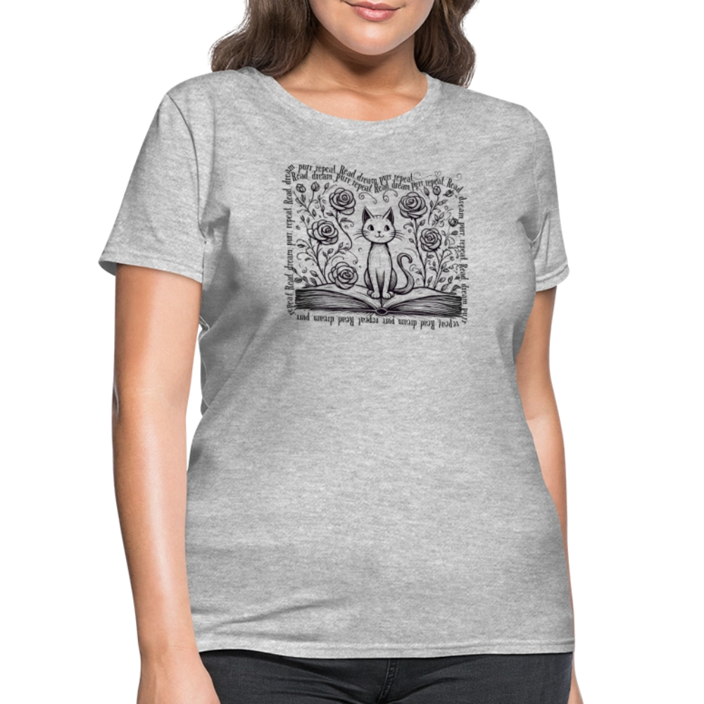 Women's Flowy Contoured T-Shirt - "Read, Dream, Purr, Repeat"  Cat Lover Shirt, Bookish Tee, Cozy Gift for Readers - heather gray