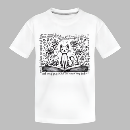 Youth Organic Cotton Tee - "Read, Dream, Purr, Repeat" Cat & Book Lover Shirt - white