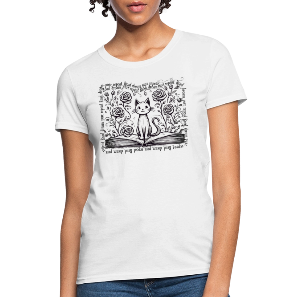 Women's Flowy Contoured T-Shirt - "Read, Dream, Purr, Repeat"  Cat Lover Shirt, Bookish Tee, Cozy Gift for Readers - white