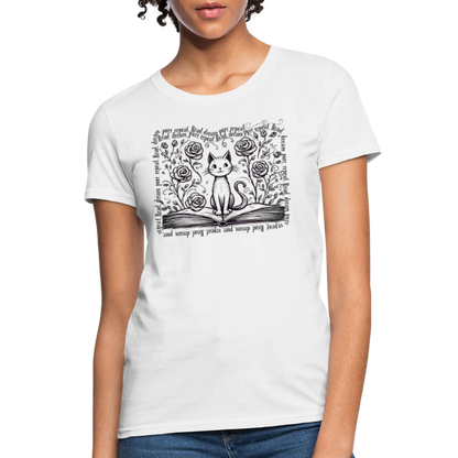 Women's Flowy Contoured T-Shirt - "Read, Dream, Purr, Repeat"  Cat Lover Shirt, Bookish Tee, Cozy Gift for Readers - white