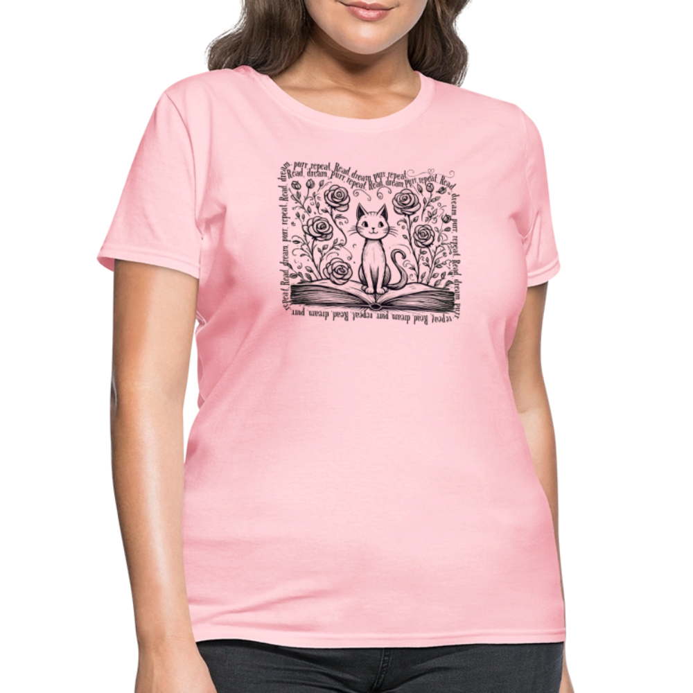 Women's Flowy Contoured T-Shirt - "Read, Dream, Purr, Repeat"  Cat Lover Shirt, Bookish Tee, Cozy Gift for Readers - pink