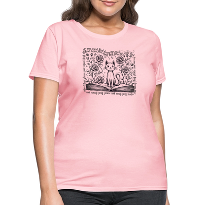 Women's Flowy Contoured T-Shirt - "Read, Dream, Purr, Repeat"  Cat Lover Shirt, Bookish Tee, Cozy Gift for Readers - pink