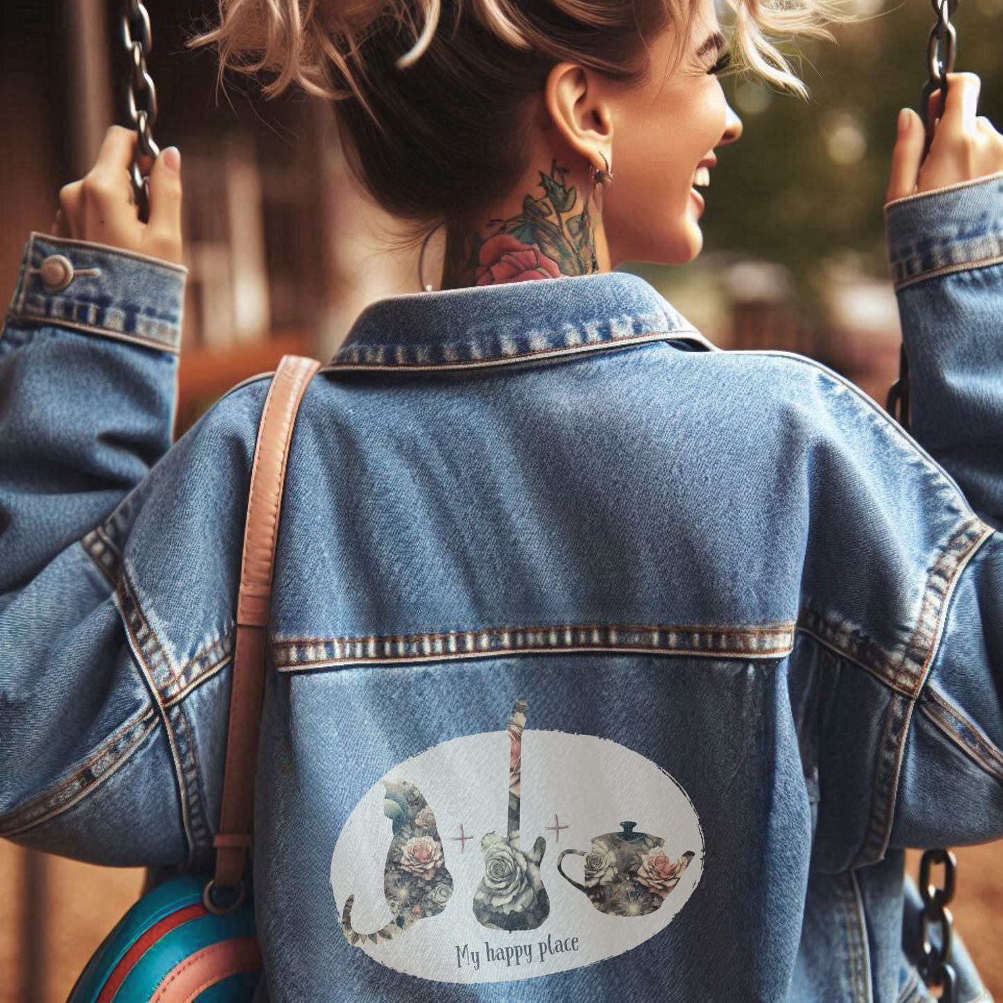 Customizable Women’s Jean Jacket - Personalized "Happy Place" Icons - Vintage Rose Celestial Background Over Denim - Unique Gift