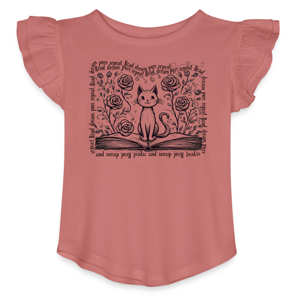 Whiskers & Words Toddler Flutter Tee - Kitten & Roses Book Lover Shirt - mauve