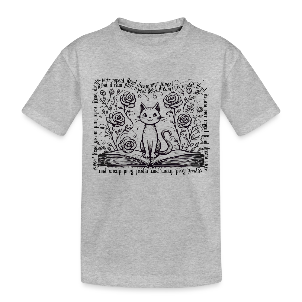 Youth Organic Cotton Tee - "Read, Dream, Purr, Repeat" Cat & Book Lover Shirt - heather gray